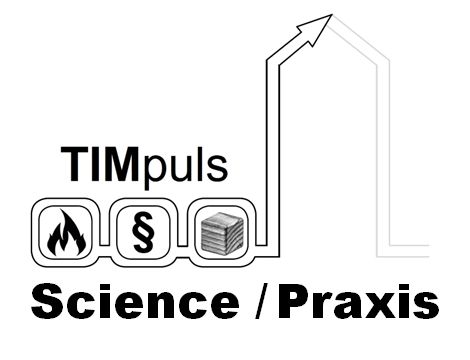 Logo des Forschungsprojekts Timpuls Dissemination. Zu sehen sind ein schematisches Feuer, ein Paragraphen-Zeichen und ei Holzwürfel mit Schriftzügen.