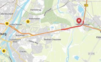 Land- und Straßenkarte zeigt den östlichen Teil von Magdeburg und Heyrothsberge. Die Verbindungsstrasse zwischen diesen Orten ist rot markiert, da dort Bauarbeiten stattfinden werden.  